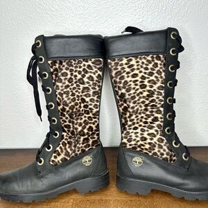 Vintage Timberland women’s knee high combat boots. Leopard print w/blk leather